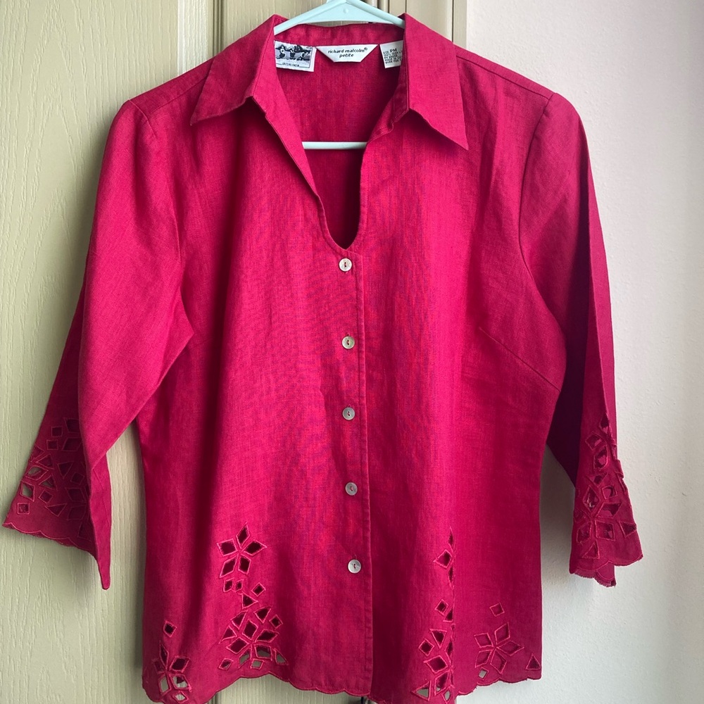 Vintage Richard Malcom Petites Irish Linen Red Button-Down Shirt